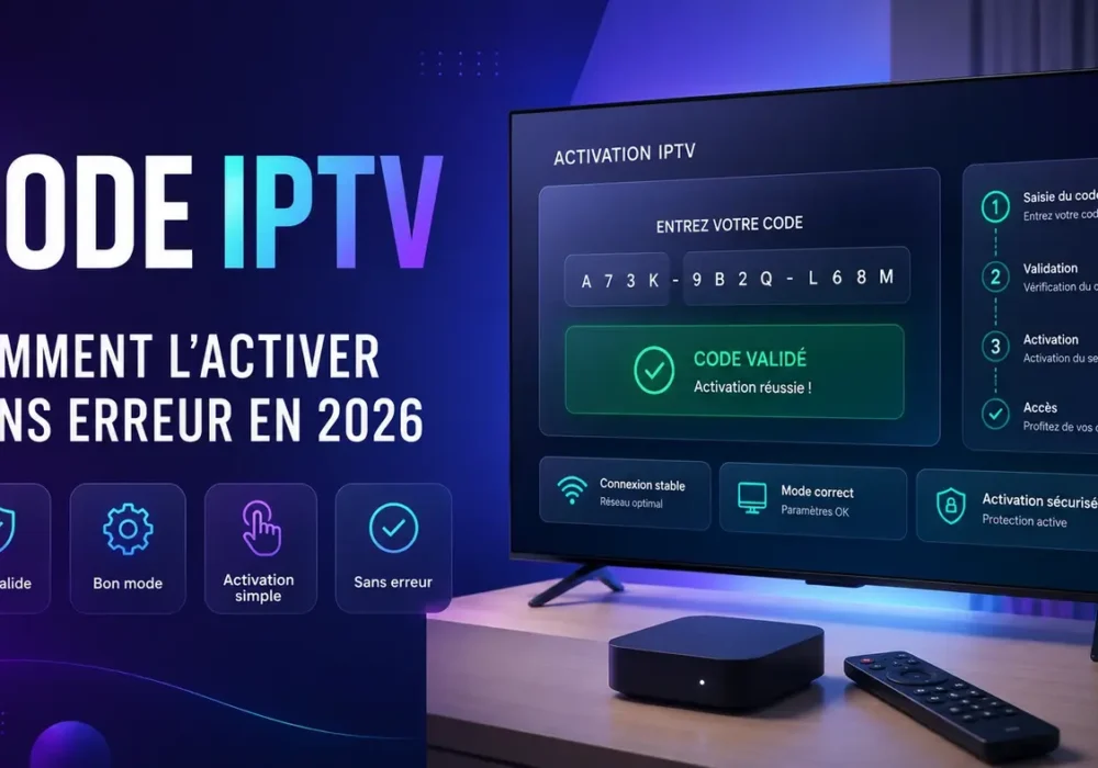 Code IPTV avec activation réussie, saisie du code, mode correct, connexion stable et validation sans erreur en 2026