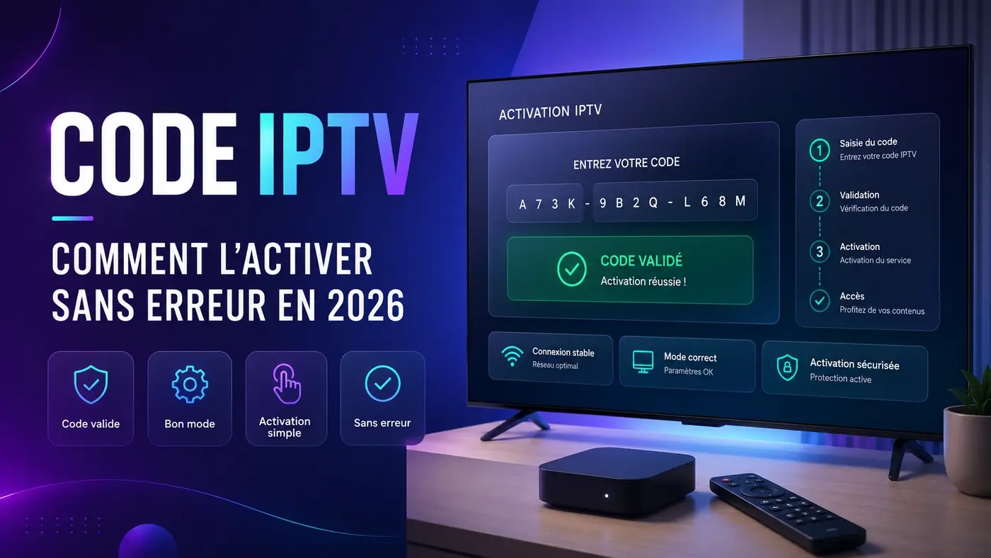 Code IPTV avec activation réussie, saisie du code, mode correct, connexion stable et validation sans erreur en 2026