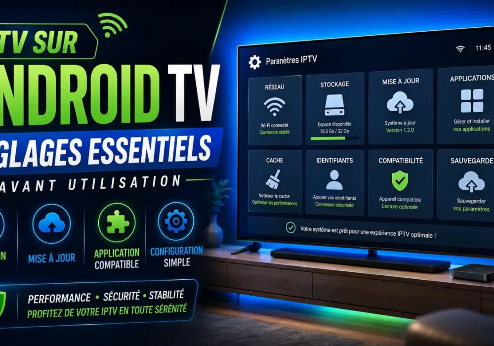 IPTV sur Android TV avec réglages essentiels pour améliorer la connexion, la stabilité et la configuration avant utilisation