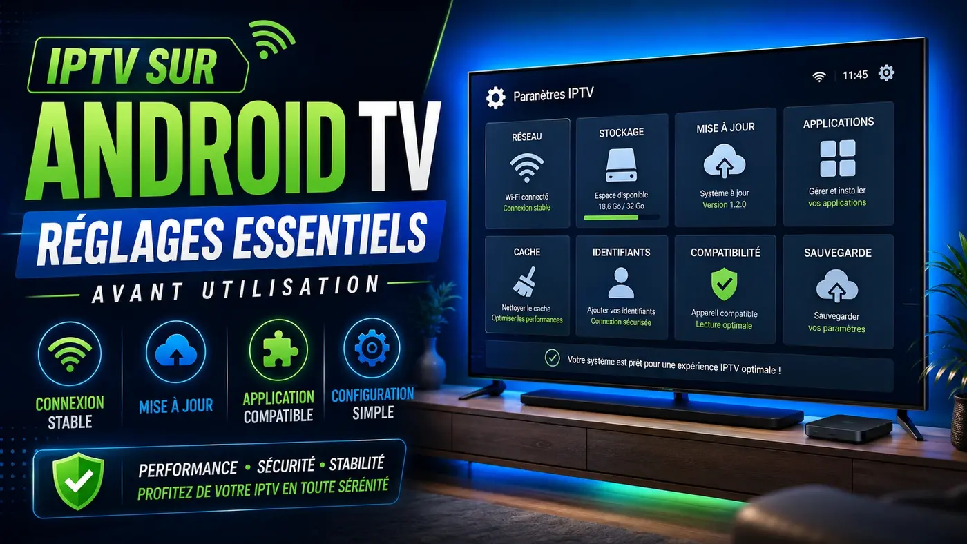 IPTV sur Android TV avec réglages essentiels pour améliorer la connexion, la stabilité et la configuration avant utilisation