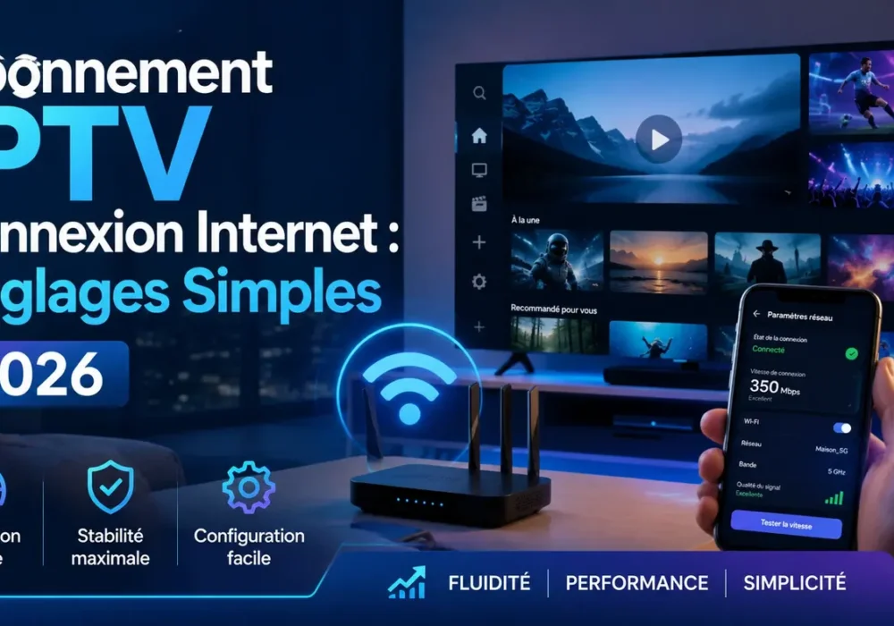 Abonnement IPTV connexion internet avec réglages simples 2026 pour améliorer la stabilité, la vitesse et la fluidité du streaming à la maison.