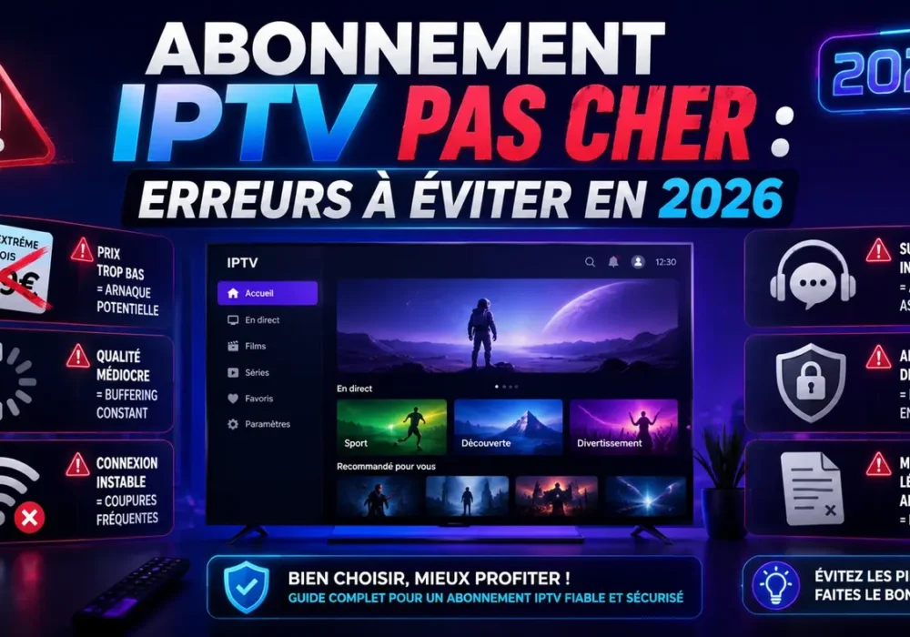 Image SEO pour un article sur abonnement IPTV pas cher, montrant les erreurs à éviter en 2026 comme prix trop bas, buffering, support absent et connexion instable.