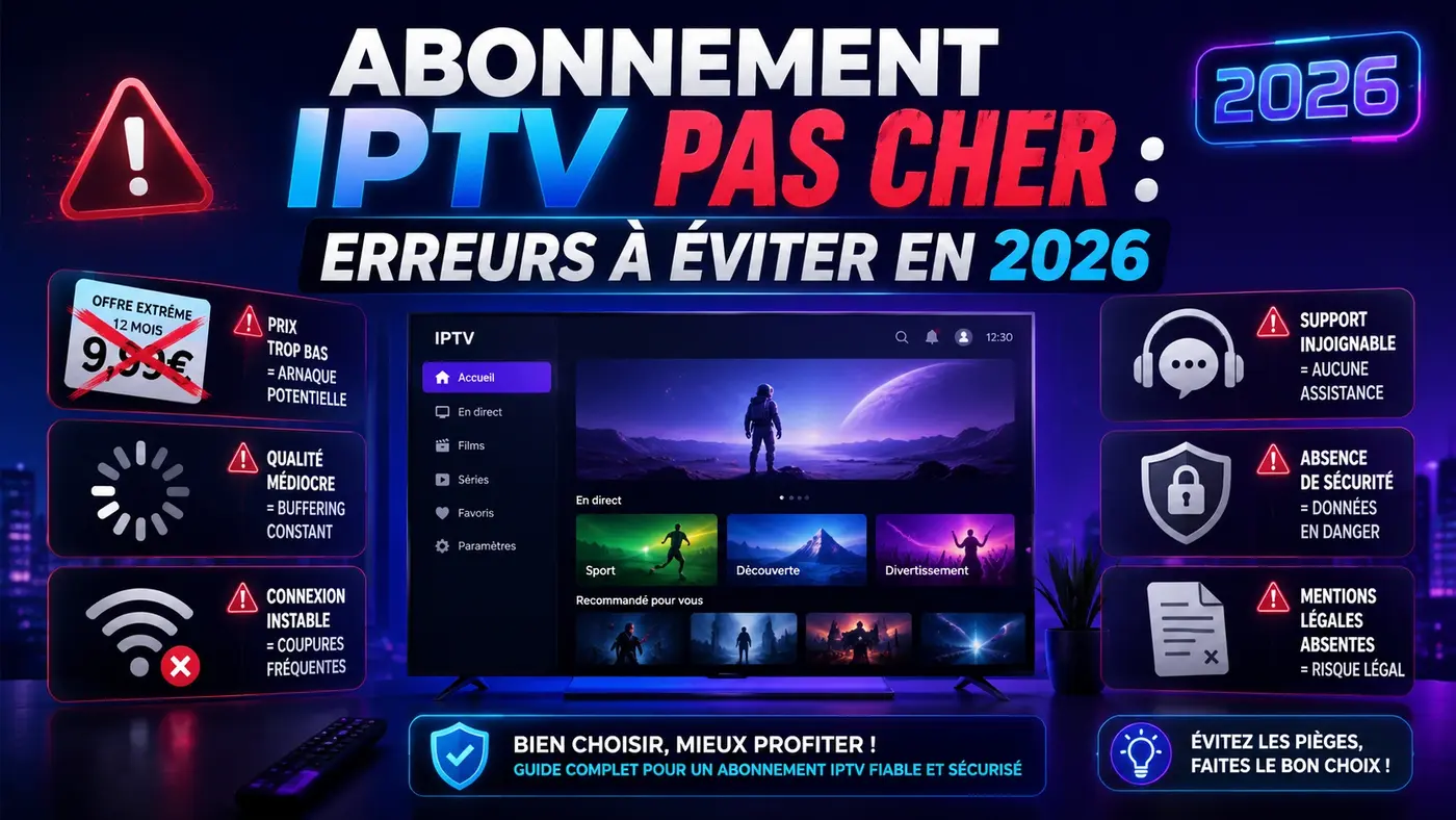 Image SEO pour un article sur abonnement IPTV pas cher, montrant les erreurs à éviter en 2026 comme prix trop bas, buffering, support absent et connexion instable.