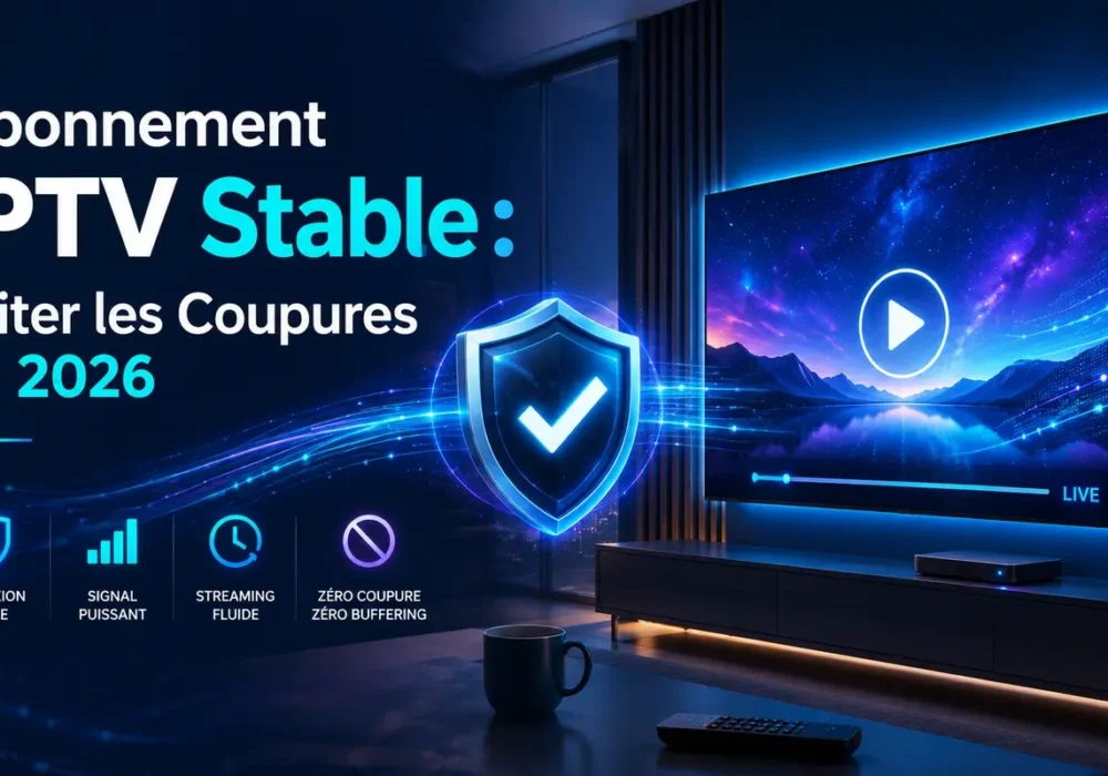 Image professionnelle montrant un abonnement IPTV stable avec une connexion fiable, un signal puissant et un streaming fluide pour éviter les coupures en 2026.