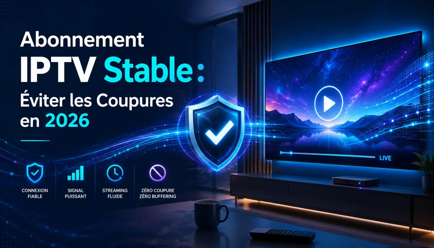 Image professionnelle montrant un abonnement IPTV stable avec une connexion fiable, un signal puissant et un streaming fluide pour éviter les coupures en 2026.