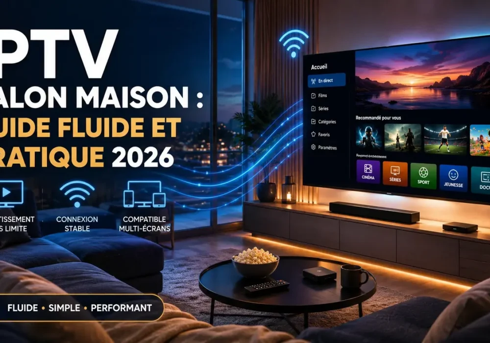 IPTV Salon Maison : Guide Fluide et Pratique 2026 avec salon moderne, connexion stable et expérience TV fluide à domicile