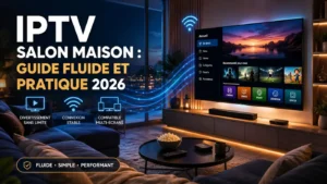 IPTV Salon Maison : Guide Fluide et Pratique 2026 avec salon moderne, connexion stable et expérience TV fluide à domicile