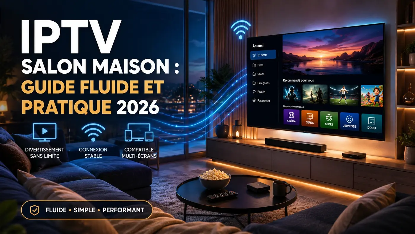 IPTV Salon Maison : Guide Fluide et Pratique 2026 avec salon moderne, connexion stable et expérience TV fluide à domicile